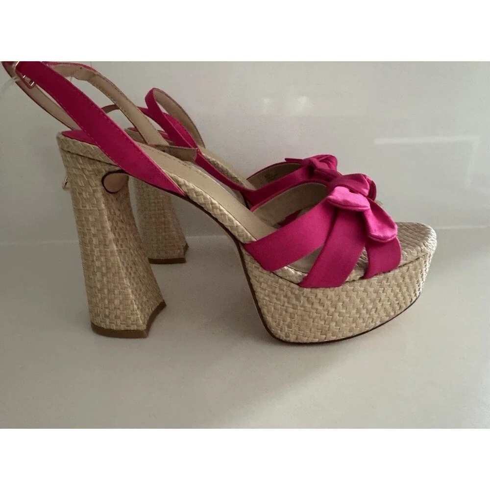 Antonio Melani Bindi Satin Bow Raffia Platform Sandal Hot Pink heel Size 8M NEW